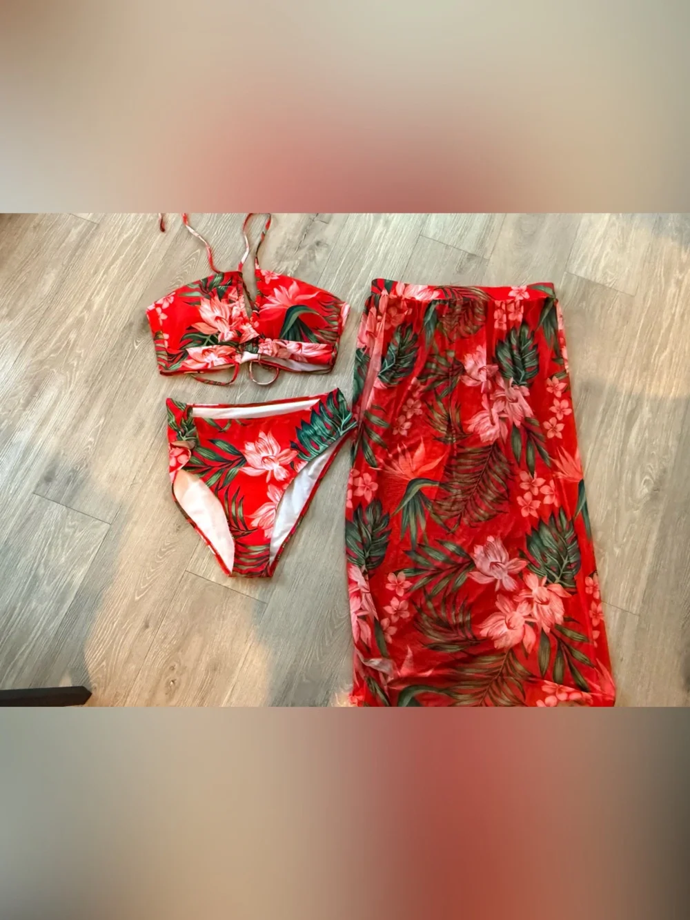 Red Floral Bikini Set with Matching Sarong